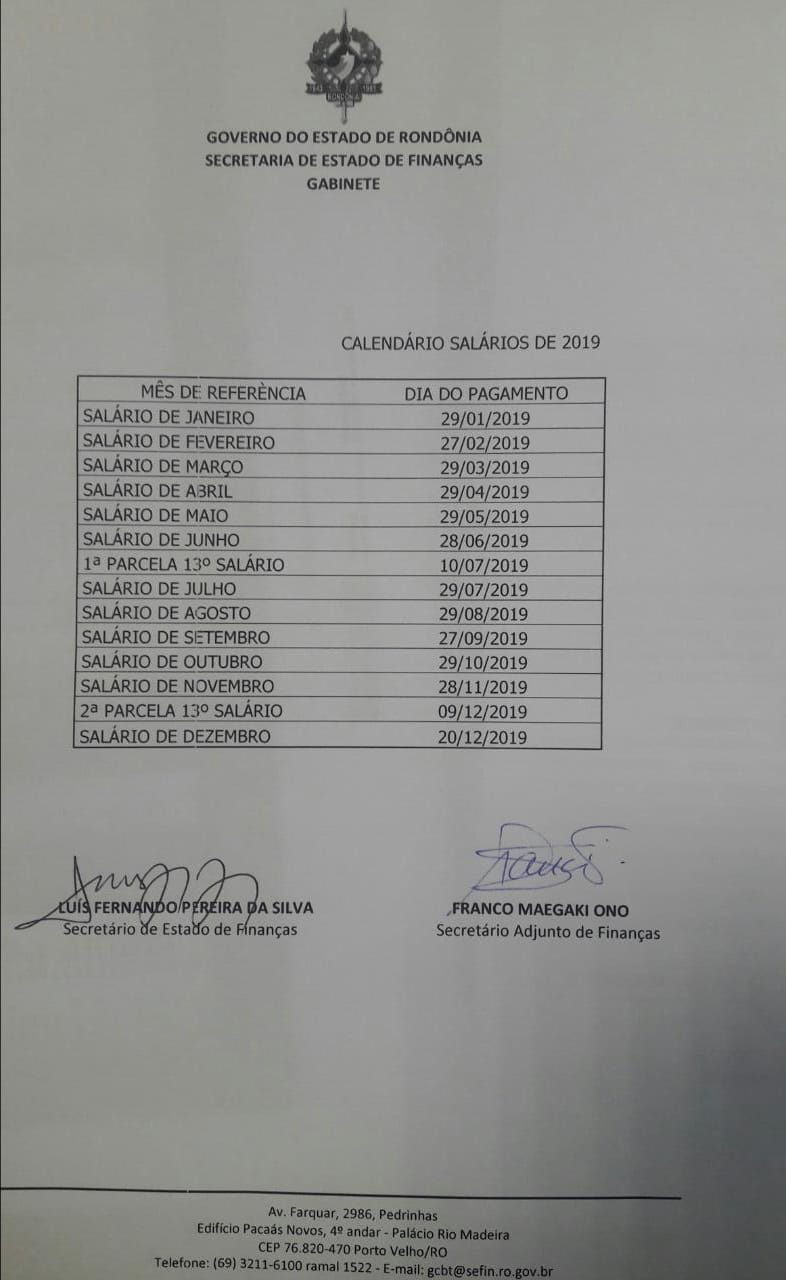 calendário de pagamento de servidores 2019 Rondônia